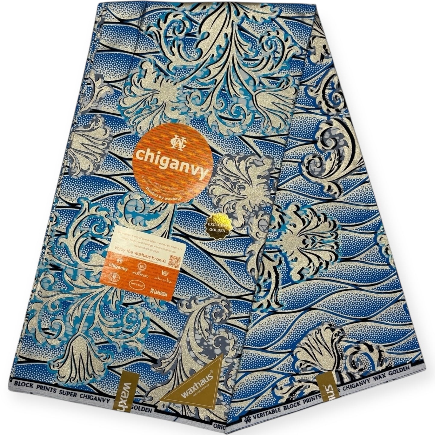 Wax Demi Super Chiganvy Brillant 6 Yards - 100% Coton - Bleu et Or - Soumawax Soumawax