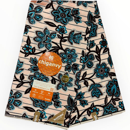 Wax Demi Super Brillant 6 Yards - 100% Coton - Rose Saumon, Marron et Bleu by Chiganvy - Soumawax Soumawax