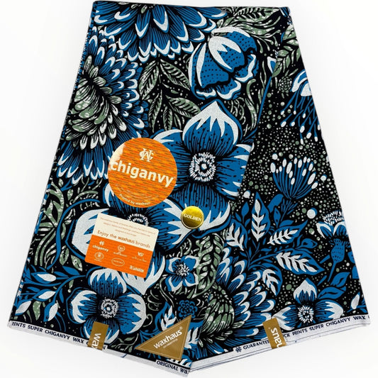 Wax Demi Super Brillant 6 Yards - 100% Coton - Argenté, Bleu et Vert by Chiganvy - Soumawax Soumawax