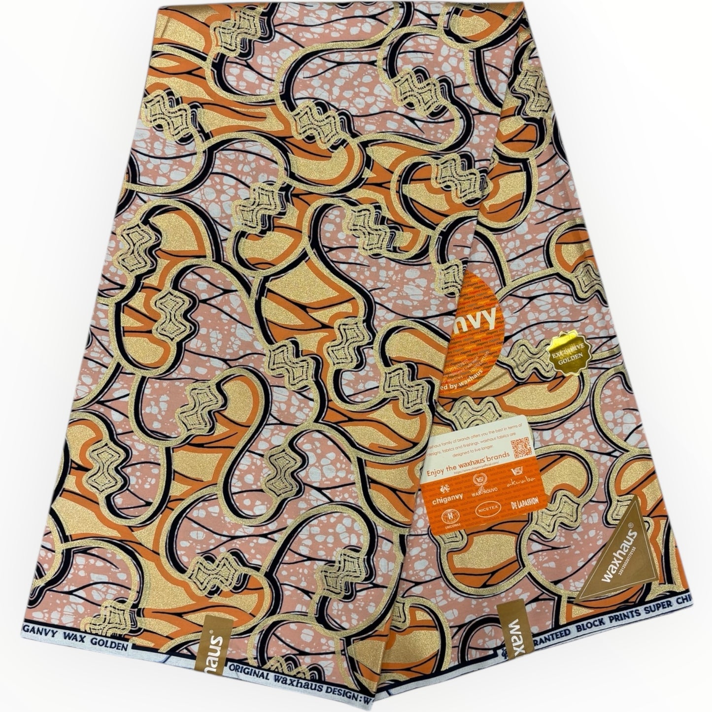 Wax Demi Super Gloss 6 Yards - 100% Cotton - Orange, Salmon Pink, Gold and Blue by Chiganvy