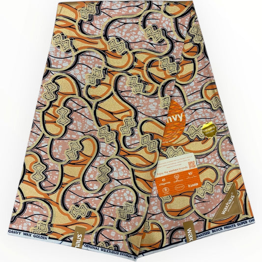 Wax Demi Super Brillant 6 Yards - 100% Coton - Orange, Rose Saumon, Or et Bleu by Chiganvy - Soumawax Soumawax