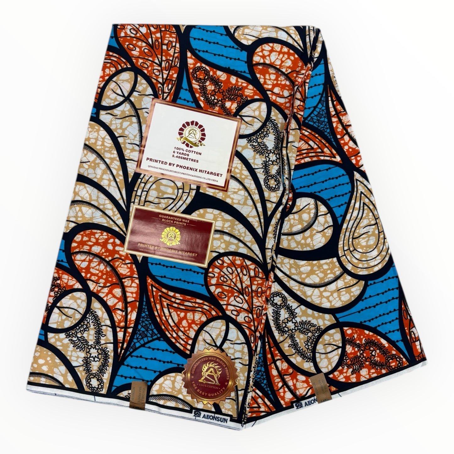 Wax Hitarget 6 Yards - 100% Cotton - Beige, Orange and Blue