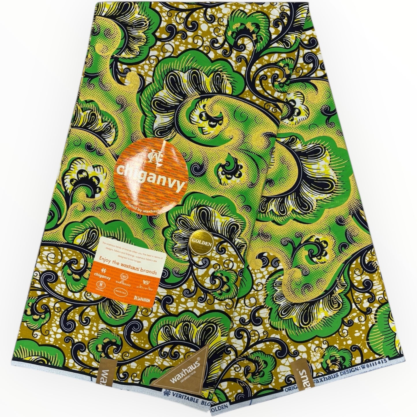Wax Demi Super Shiny 6 Yards - 100% cotone - Verde, giallo, blu e oro di Chiganvy