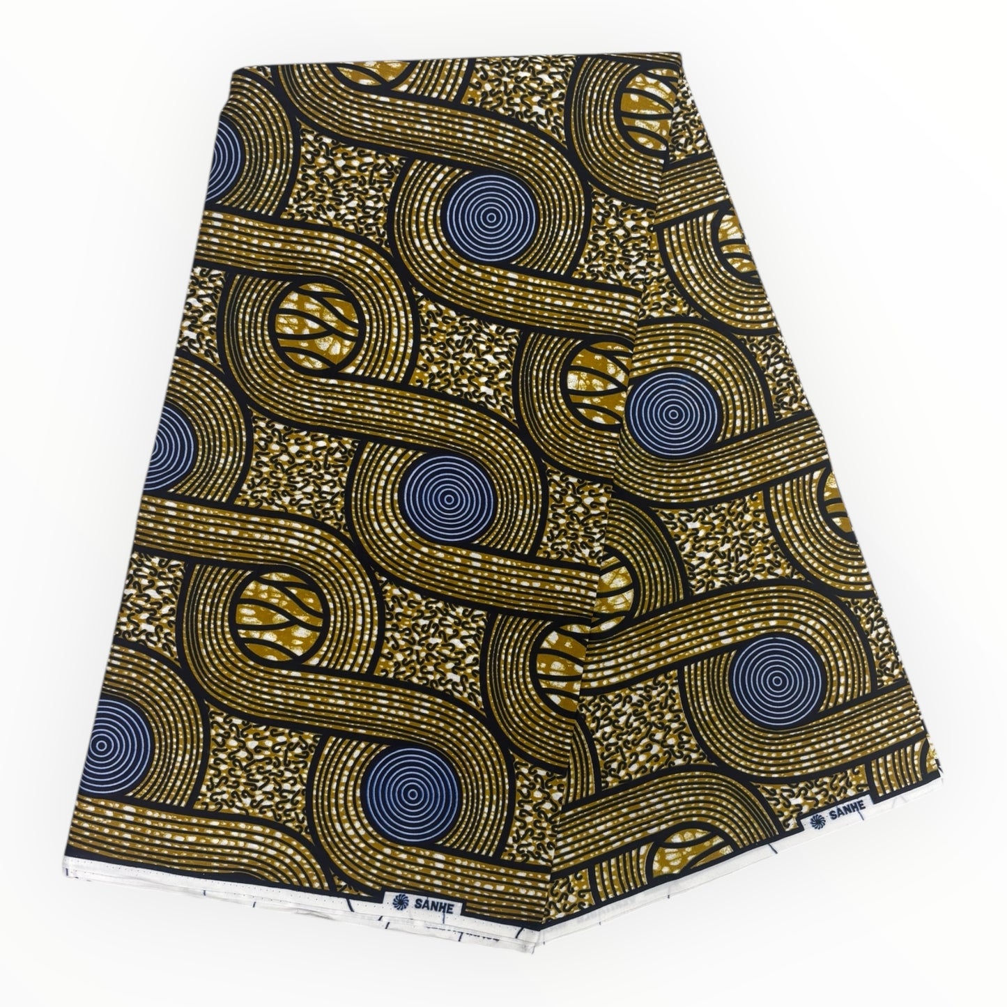 African Wax Print 6 Yards - 100% Cotton - Gold, Black and Blue