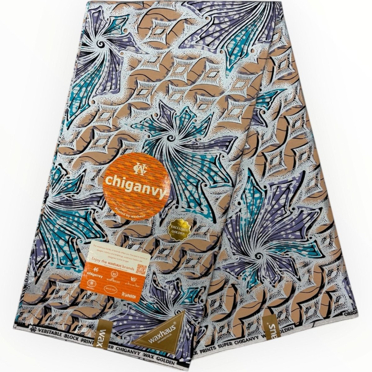 Wax Demi Super Brillant 6 Yards - 100% Coton - Bleu, Beige, Violet, Noir et Argenté by Chiganvy - Soumawax Soumawax