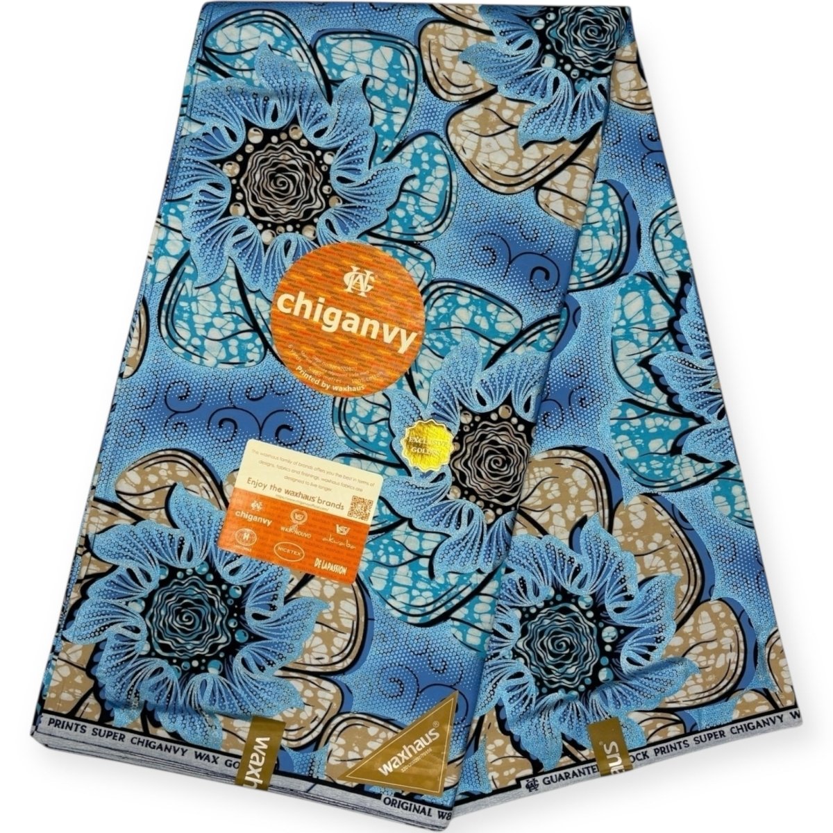 Wax Demi Super Chiganvy Brillant 6 Yards - 100% Coton - Bleu et Beige - Soumawax Soumawax