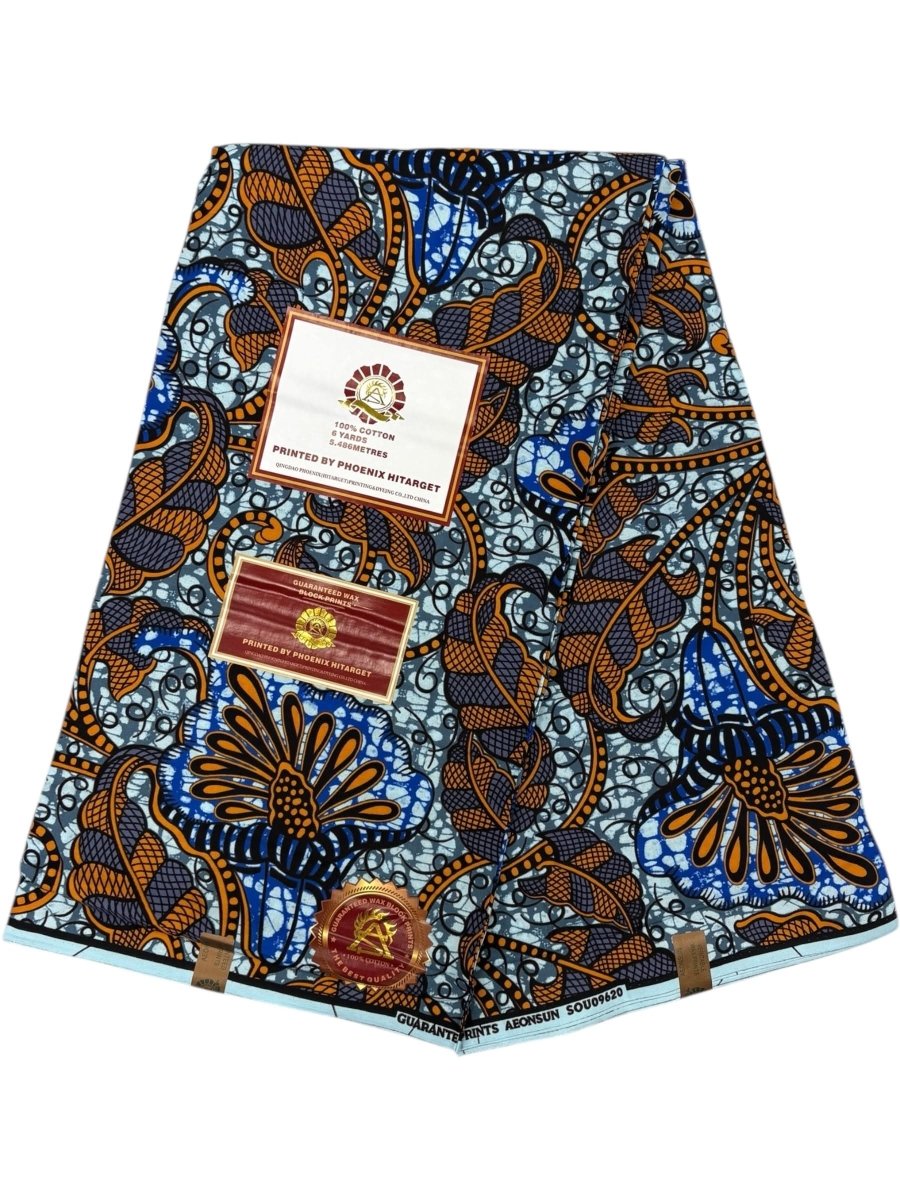 Wax Hitarget 6 Yards - 100% Coton - Bleu, Gris et Orange - Soumawax Soumawax