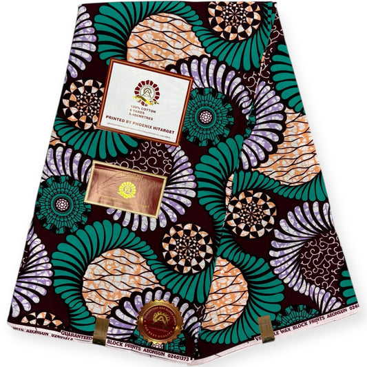 Wax Hitarget 6 Yards - 100% Coton - Saumon, Violet, Vert et Marron - Soumawax Soumawax