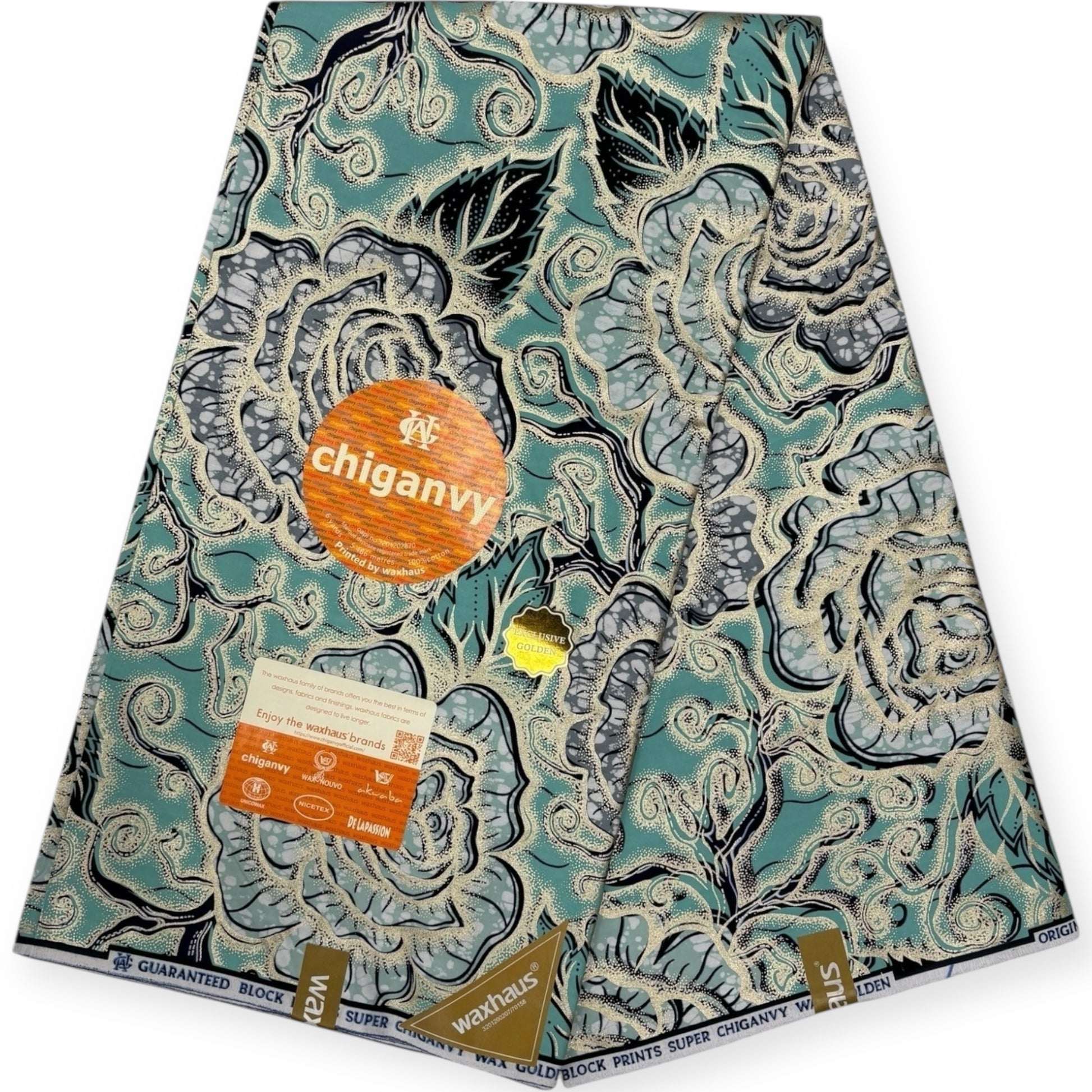 Wax Demi Super Chiganvy Brillant 6 Yards - 100% Coton - Turquoise et Or - Soumawax