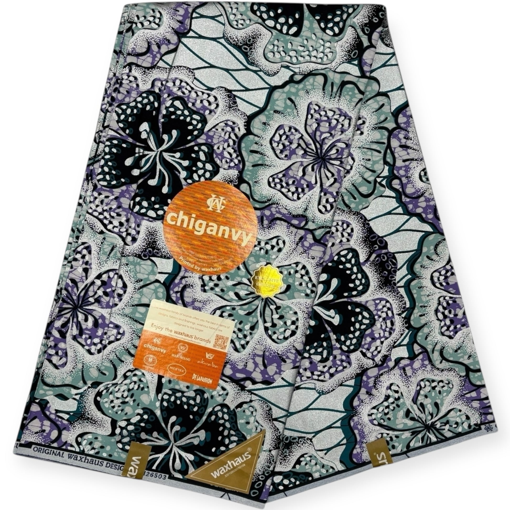 Wax Demi Super Chiganvy Brillant 6 Yards - 100% Coton - Vert, Violet, Bleu et Argent - Soumawax