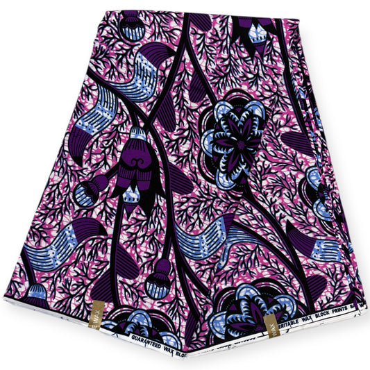 African Wax Print 6 Yards - 100% Cotton - Purple &amp; Pink