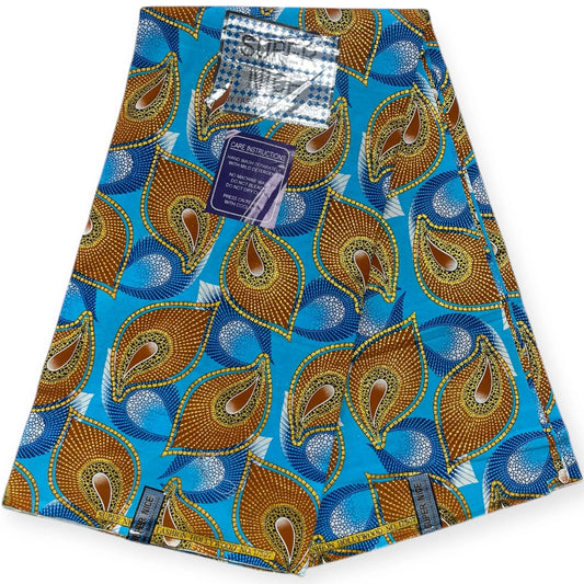 Pagne Wax Brillant Super Nice 6 Yards - Bleu, Marron et Or Soumawax