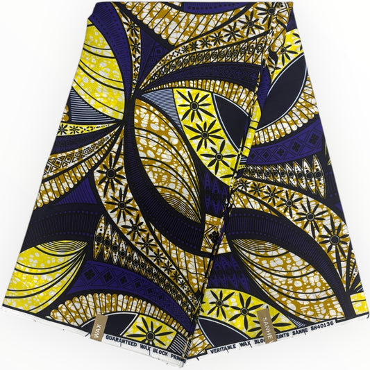 African Wax Print 6 Yards - 100% Cotton - Purple and Yellow