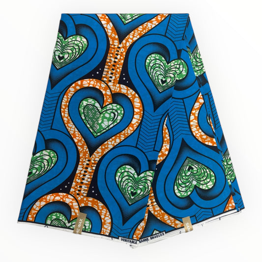 Stampa cerata africana 6 iarde - 100% cotone - Blu, arancione e verde