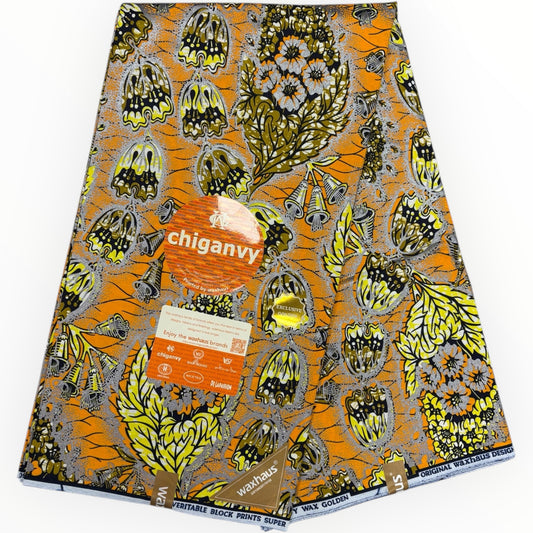 Wax Demi Super Gloss 6 Yards - 100% cotone - Arancione, giallo, champagne e argento di Chiganvy