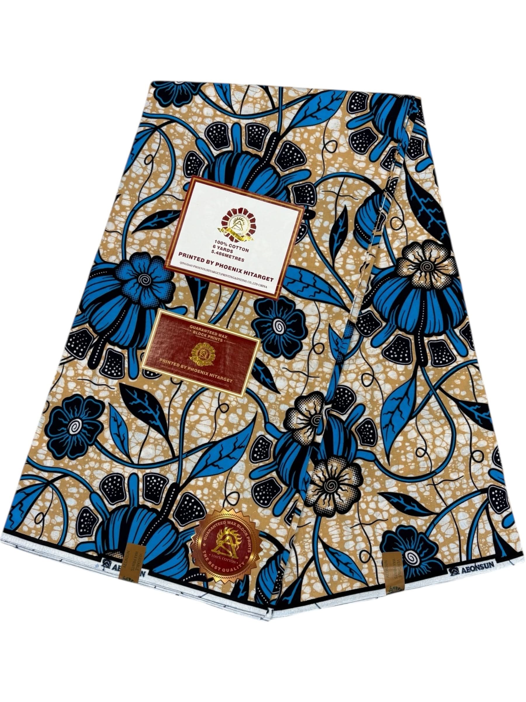 Wax Hitarget 6 Yards - 100% Coton - Beige et Bleu - Soumawax