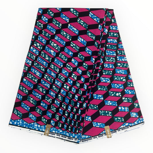 Stampa cerata africana 6 iarde - 100% cotone - Rosa, blu e nero