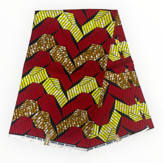 Stampa cerata africana 6 iarde - 100% cotone - Rosso, marrone e giallo