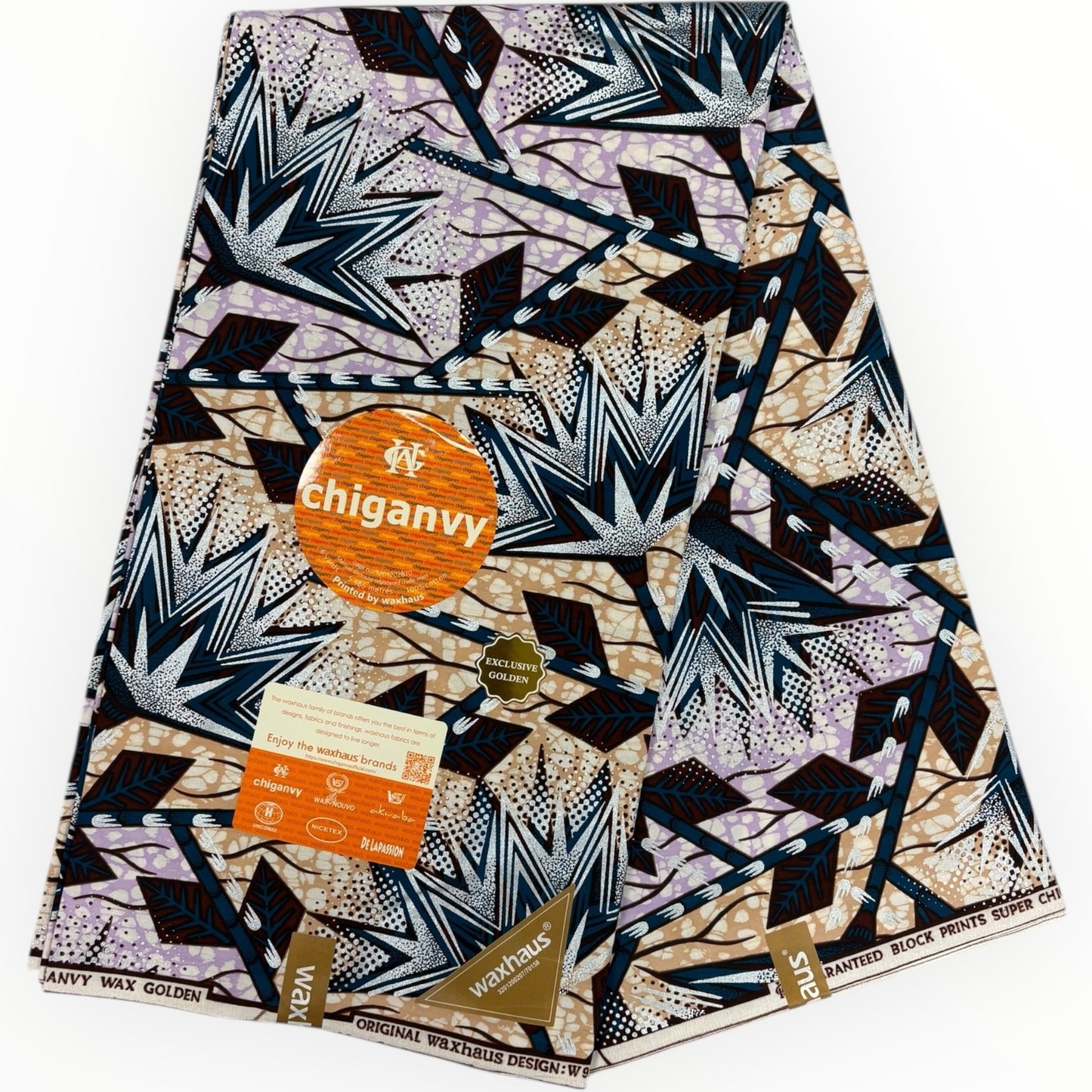 Wax Demi Super Brillant 6 Yards - 100% Coton - Bleu, Violet, Marron, Beige et Argenté by Chiganvy
