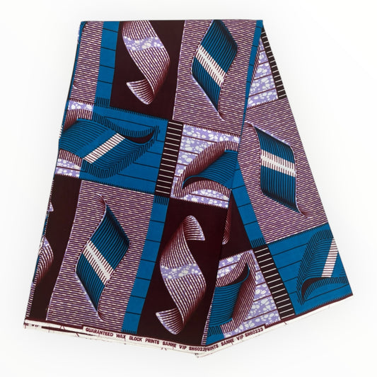 Tessuto africano stampato a cera, 6 iarde - 100% cotone - Blu, viola e marrone