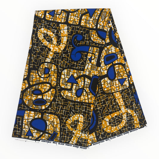 Stampa cerata africana 6 iarde - 100% cotone - arancione, blu e nero