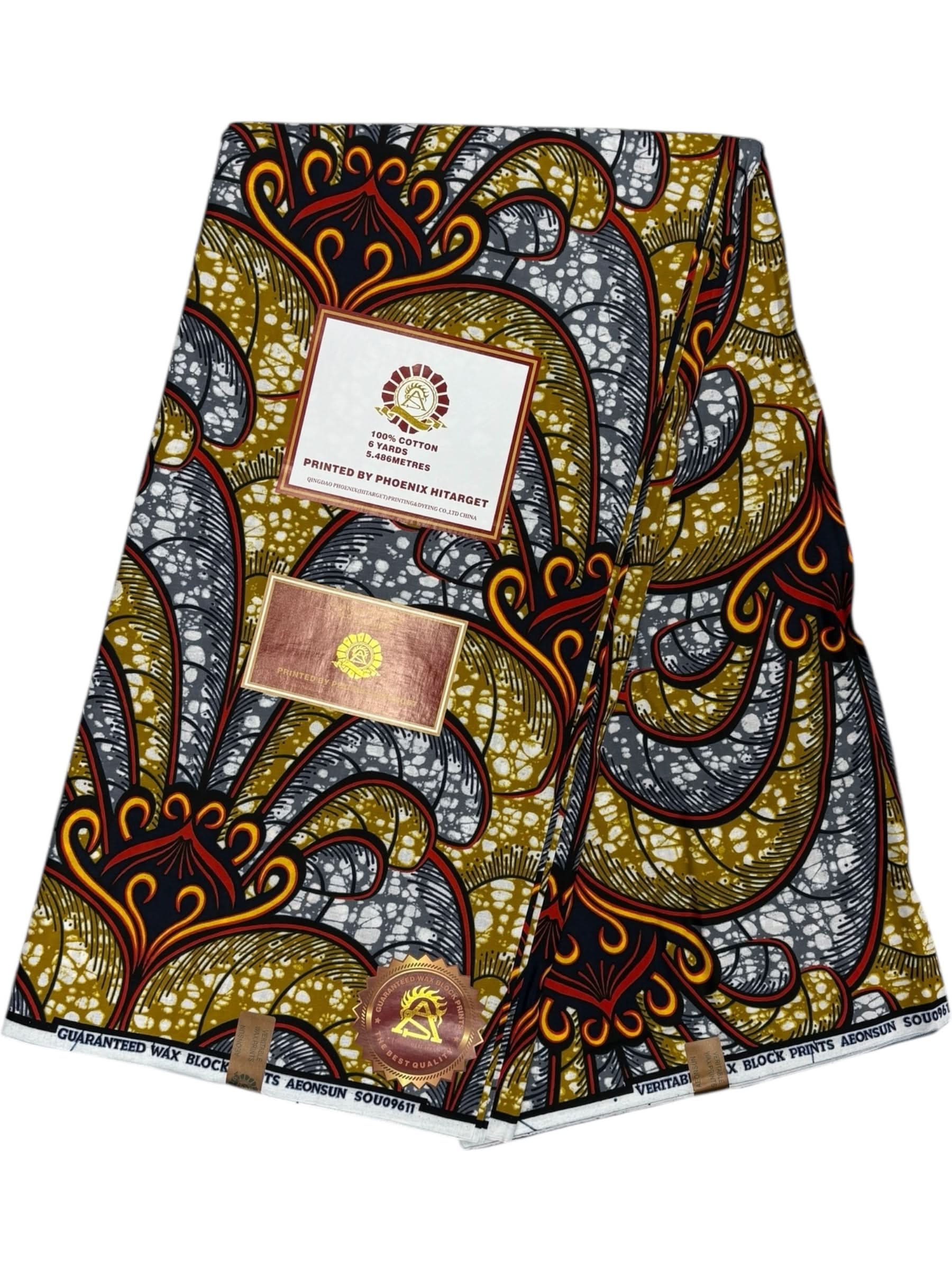 Wax Hitarget 6 Yards - 100% Coton - Champagne, Gris, Orange et Jaune - Soumawax
