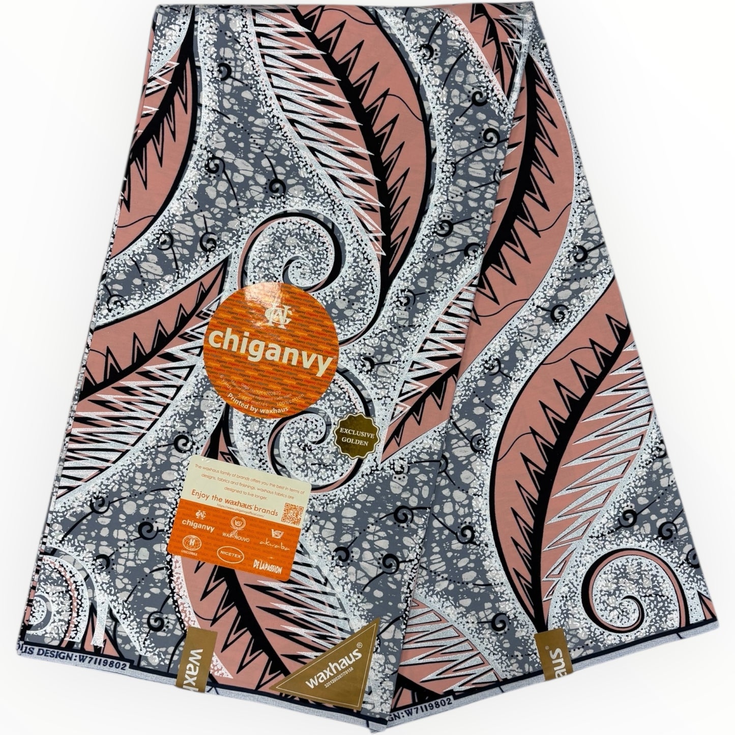 Wax Demi Super Gloss 6 Yards - 100% Cotton - Grey, Salmon Pink and Black by Chiganvy