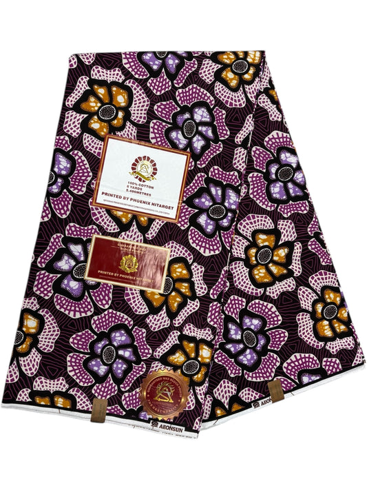 Wax Hitarget 6 Yards - 100% Coton - Rose, Violet, Marron et Blanc