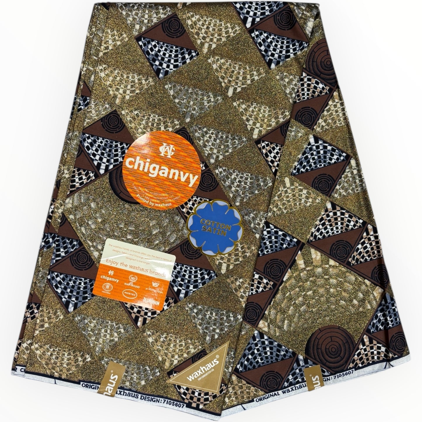 Wax Demi Super Gloss 6 Yards - 100% Cotton - Brown, Grey and Gold by Chiganvy