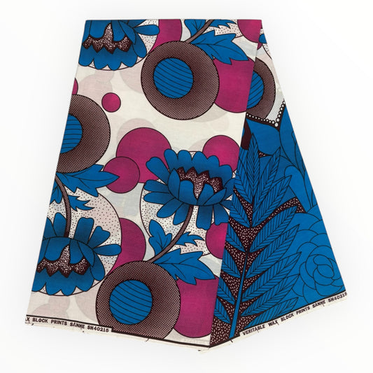 Stampa cerata africana 6 iarde - 100% cotone - Bianco, rosa e blu