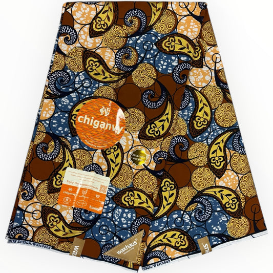 Wax Demi Super Brillant 6 Yards - 100% Coton - Marron, Gris et Or by Chiganvy