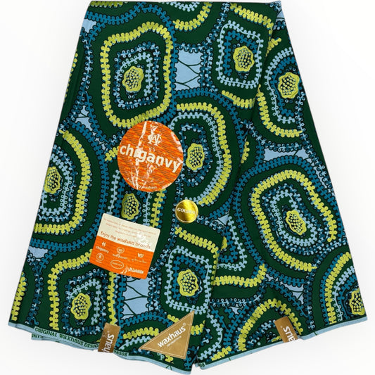 Wax Demi Super Brillant 6 Yards - 100% Coton - Vert, Bleu et Or by Chiganvy