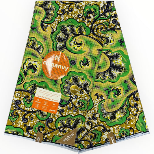 Wax Demi Super Brillant 6 Yards - 100% Coton - Vert, Jaune, Bleu et Or by Chiganvy
