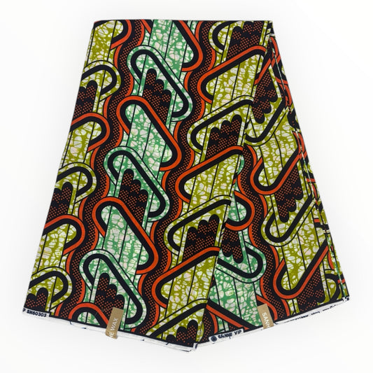 Stampa cerata africana 6 iarde - 100% cotone - Verde, arancione e nero