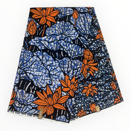 Stampa cerata africana 6 iarde - 100% cotone - Blu e rosa salmone