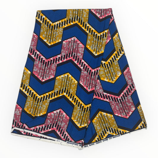 Stampa cerata africana 6 iarde - 100% cotone - Blu, giallo e rosa