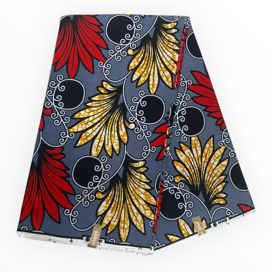 Stampa cerata africana 6 iarde - 100% cotone - Blu, giallo e rosso