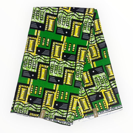 Stampa cerata africana 6 iarde - 100% cotone - Verde, giallo e blu