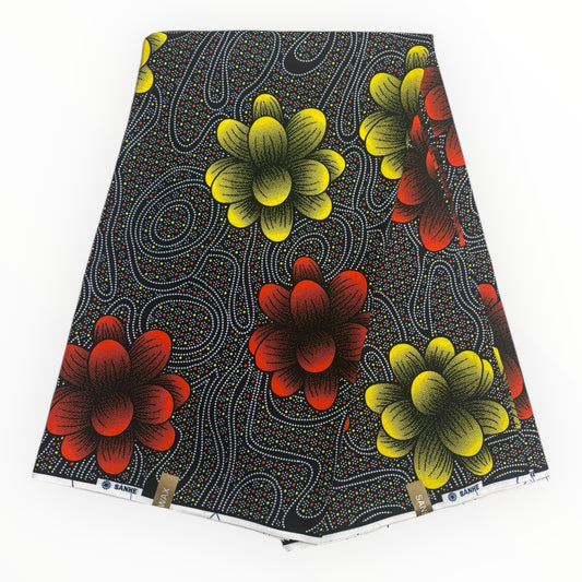 Wax Pagne Africain 6 Yards - 100% Coton - Noir, Orange et Jaune