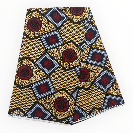 Wax Pagne Africain 6 Yards - 100% Coton - Orange, Bleu, Noir et Blanc
