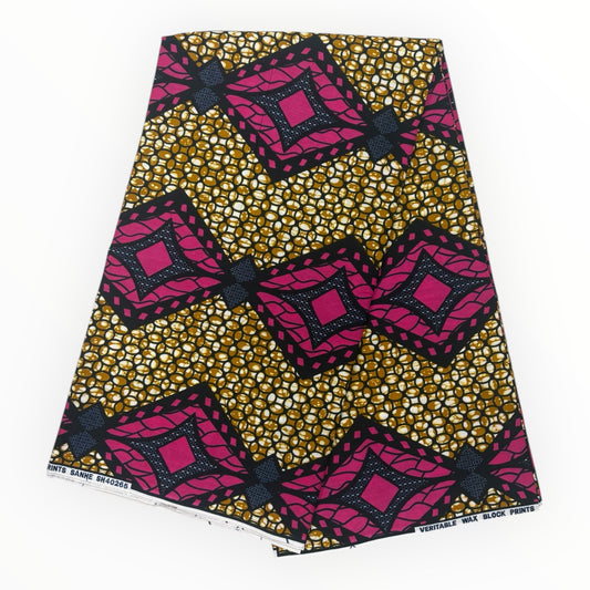 Wax Pagne Africain 6 Yards - 100% Coton - Marron, Rose et Bleu