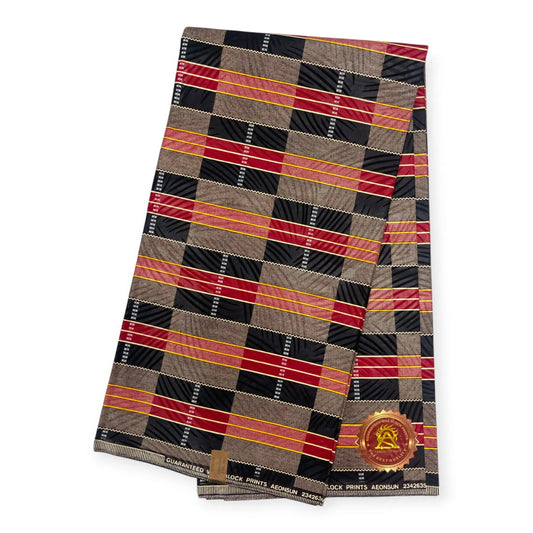 Wax Kente Hitarget 6 Yards - 100% Coton - Marron, Noir & Rouge Soumawax