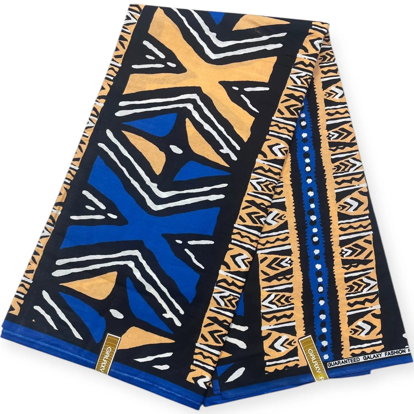 Wax Pagne Africain Kente 6 Yards - 100% Coton - Bleu, Beige & Noir Soumawax