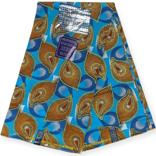 Pagne Wax Brillant Super Nice 6 Yards - Bleu, Marron et Or - Soumawax Soumawax