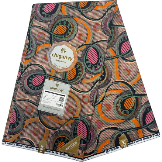 Tissu Wax Rose et Orange Chiganvy Motif Boucle - Pagne 6 Yards 100% Coton - Soumawax Soumawax