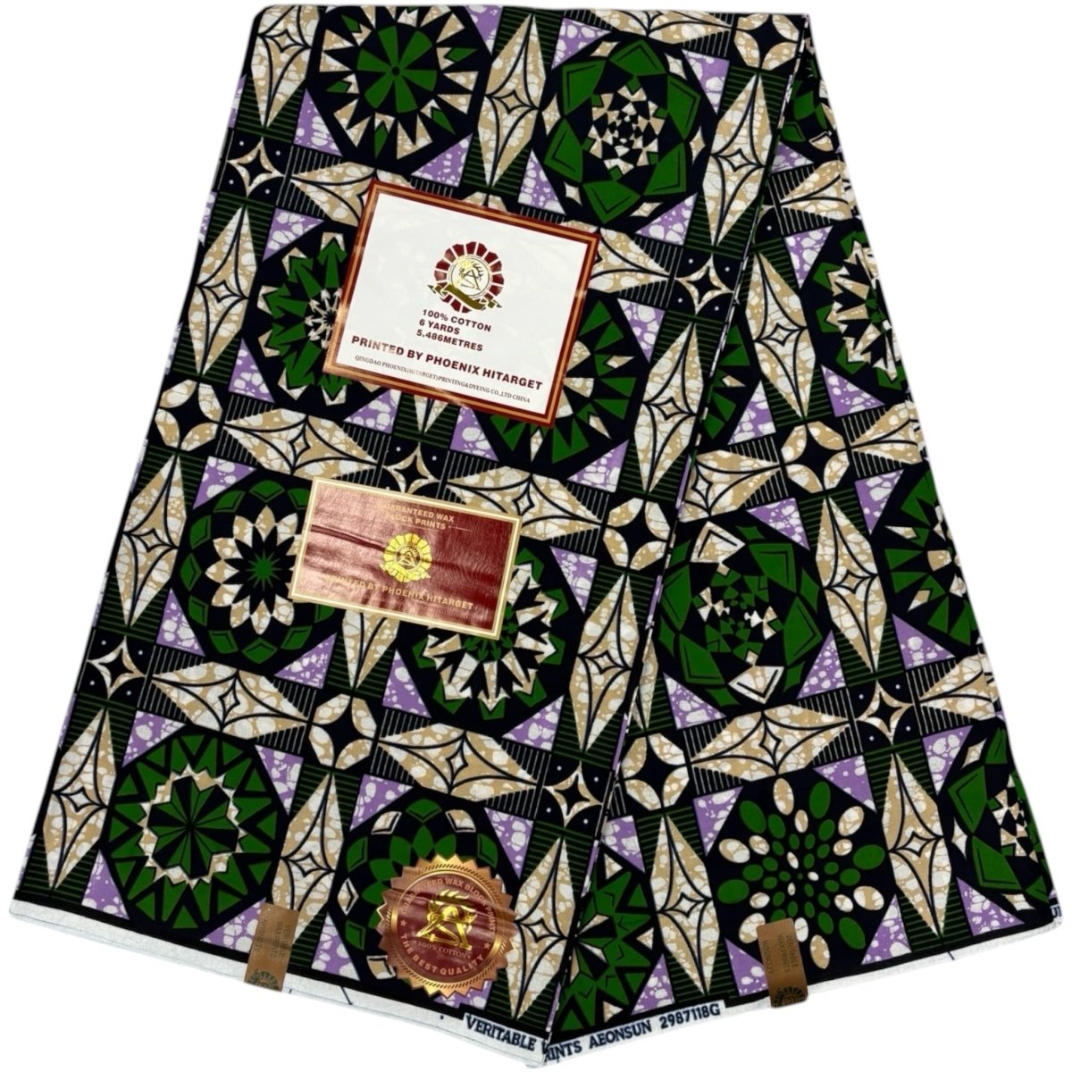 Tissu Wax Vert, Beige et Violet Hitarget - Pagne 6 Yards 100% Coton - Soumawax Soumawax