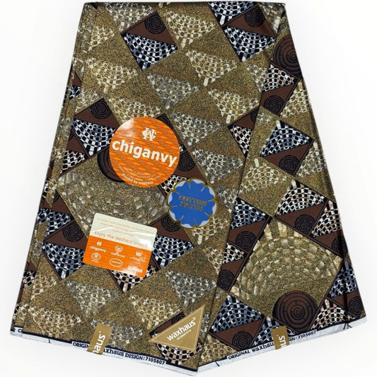 Wax Demi Super Brillant 6 Yards - 100% Coton - Marron, Gris et Or by Chiganvy - Soumawax Soumawax