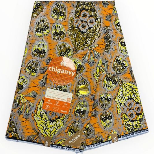 Wax Demi Super Brillant 6 Yards - 100% Coton - Orange, Jaune, Champagne et Argenté by Chiganvy - Soumawax Soumawax