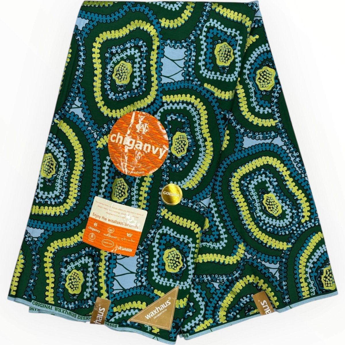 Wax Demi Super Brillant 6 Yards - 100% Coton - Vert, Bleu et Or by Chiganvy - Soumawax Soumawax