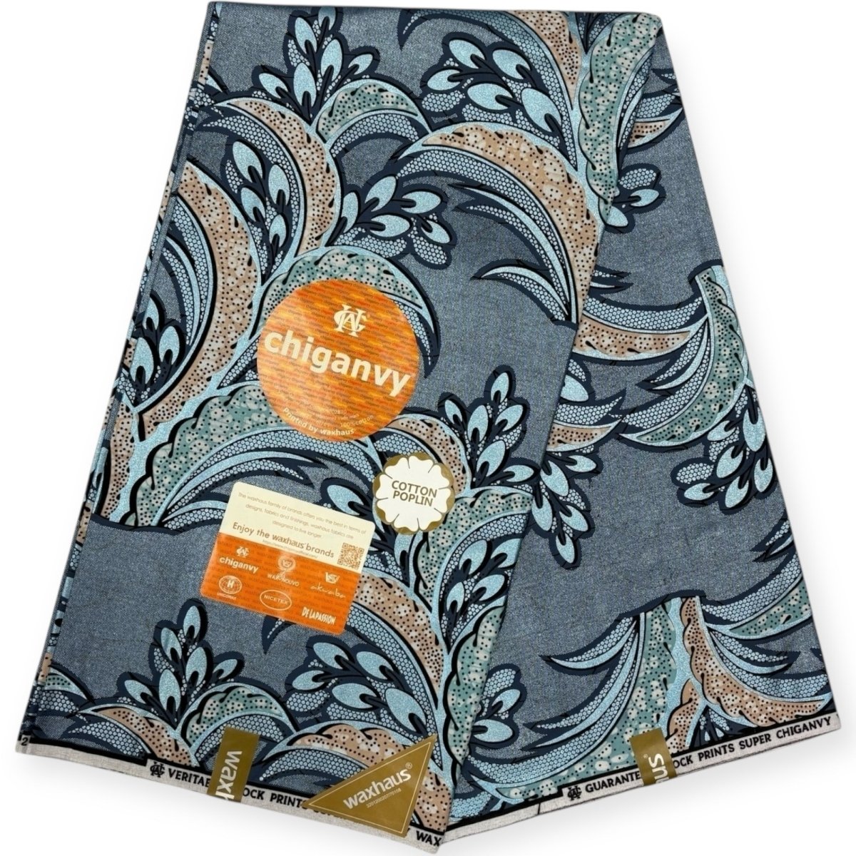 Wax Demi Super Chiganvy Brillant 6 Yards - 100% Coton - Bleu et Beige - Soumawax Soumawax